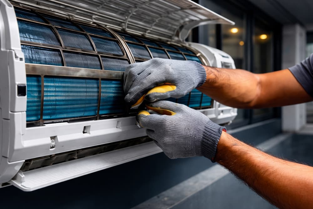 Técnico removendo o filtro de uma evaporadora split durante limpeza