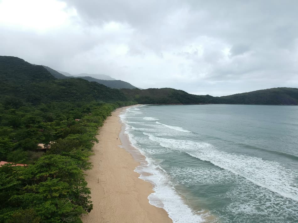 Praia com ondas e vegetação de mata atlântica ao fundo